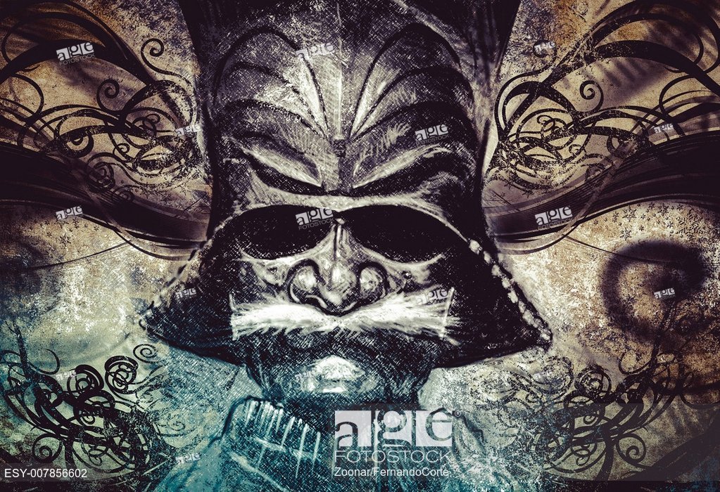 1023x700 Japanese Warrior Mask, Tattoo Illustration, Handmade Drawing Over - Japanese Warrior Drawing