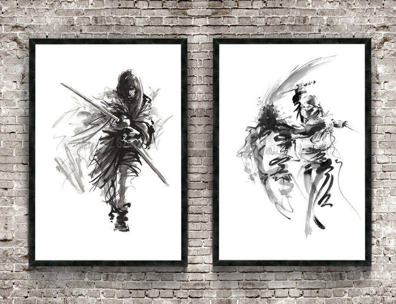 794x609 samurai warrior set of painting japanese samurai poster etsy - Japanese Warrior Drawing