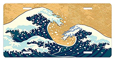 466x248 Ambesonne Japanese Wave License Plate, Sea Storm - Japanese Wave Drawing