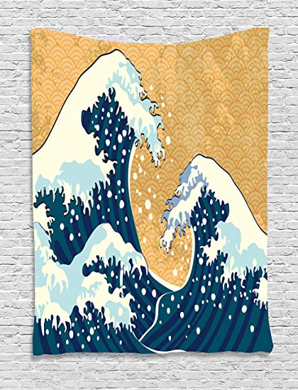 420x550 Ambesonne Japanese Wave Tapestry, Sea Storm In Japan - Japanese Wave Drawing