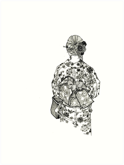 413x549 geometric drawing japanese woman wearing floral yukata kimono art - Japanese Woman Drawing