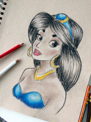 320x427 princess jasmine done with charcoal and erasable coloured pencils - Jasmine Princess Drawing