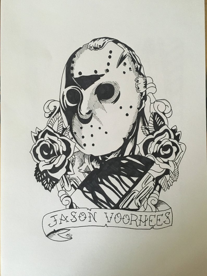 794x1059 jason voorhees tattoo style ink drawing etsy - Jason Voorhees Cartoon Drawing