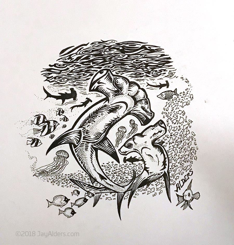 900x943 Hammerhead Shark Ink Drawing - Jay Drawing
