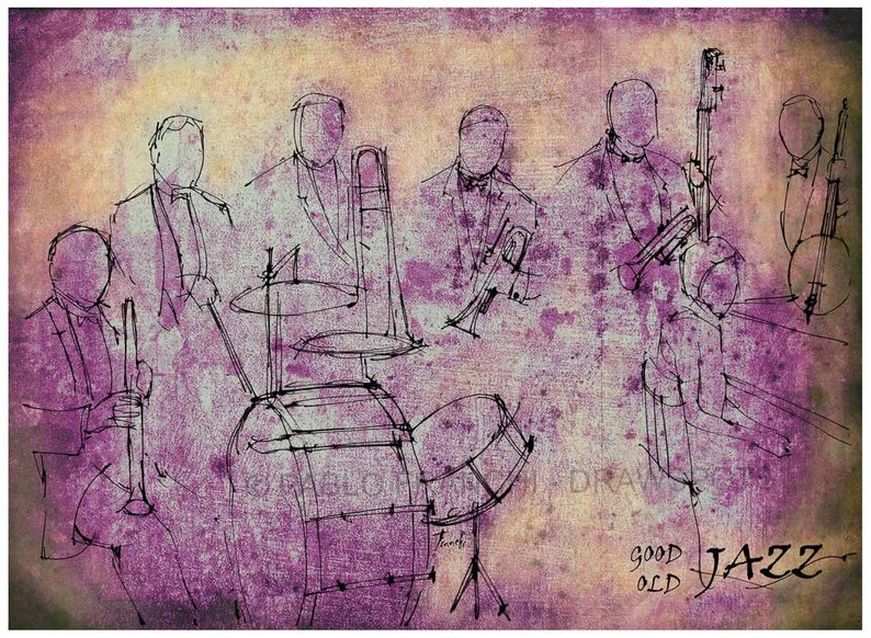 794x582 old jazz poster original handmade drawing art print old jazz etsy - Jazz Band Drawing