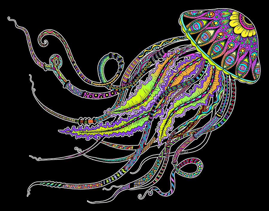 900x707 Electric Jellyfish On Black Digital Art - Jellyfish Drawing Color