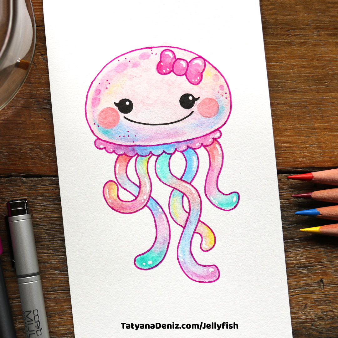1080x1080 How To Draw Kawaii Jellyfish And Colour It With Watercolour Pencils - Jellyfish Drawing Color
