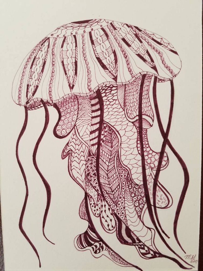 794x1059 Jellyfish Zentangle Pen Drawing In Wine Color Etsy - Jellyfish Drawing Color