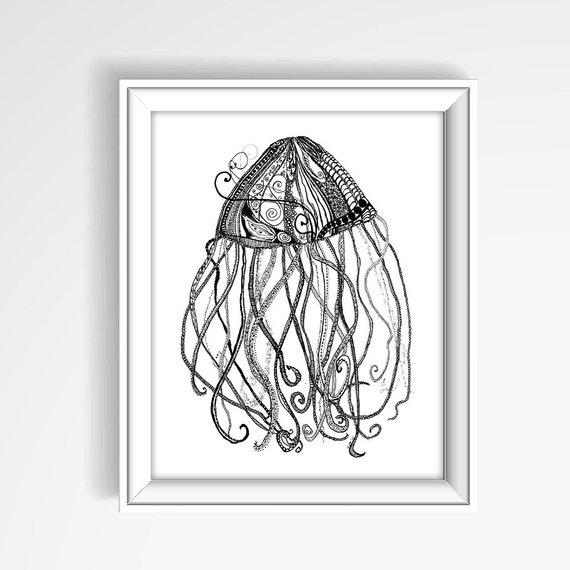 570x570 jellyfish print jellyfish art print black and white art etsy - Jellyfish Line Drawing