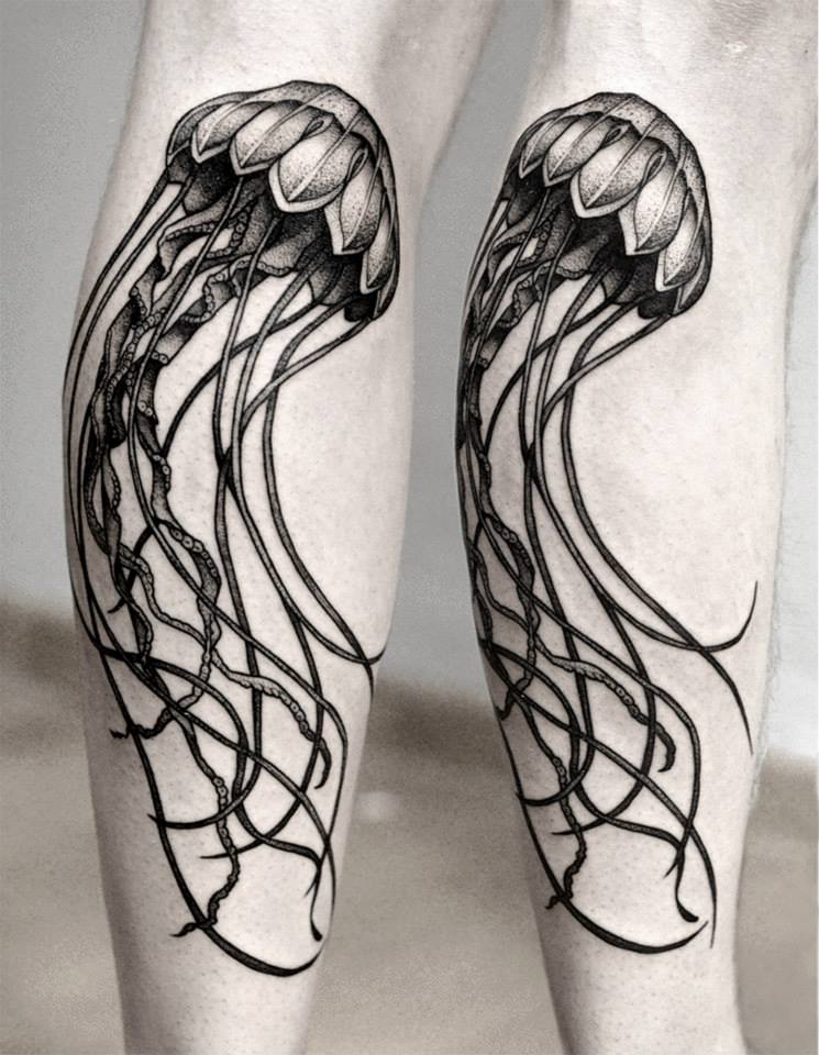 745x960 Black Ink Jellyfish Tattoo On Leg Calf - Jellyfish Tattoo Drawing