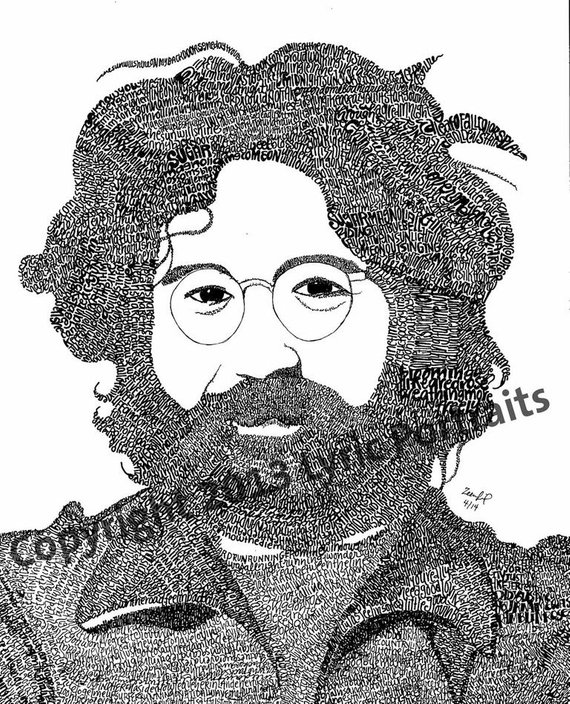 570x704 jerry garcia hand drawn portrait out of lyrics etsy - Jerry Garcia Drawing