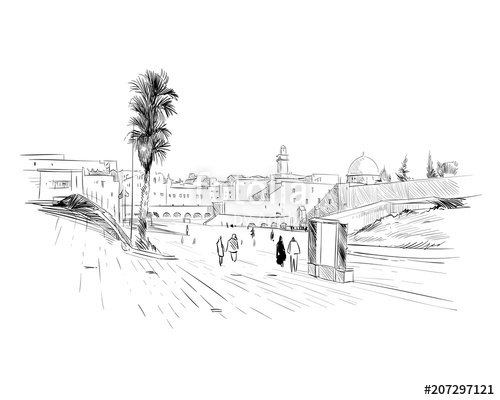 500x400 Israel Jerusalem Wall Of Tears Hand Drawn Sketch Vector - Jerusalem Drawing