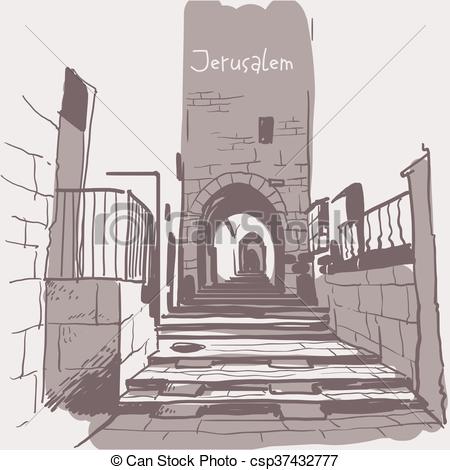 450x470 Jerusalem, Israel Old City Skyline Street In Old City Handmade - Jerusalem Drawing