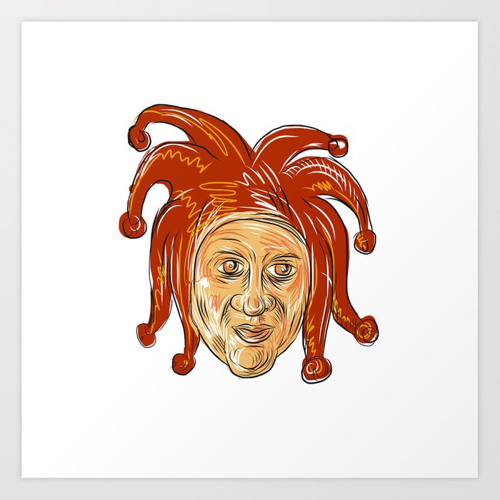 700x700 Court Jester Head Drawing Art Print - Jester Face Drawing