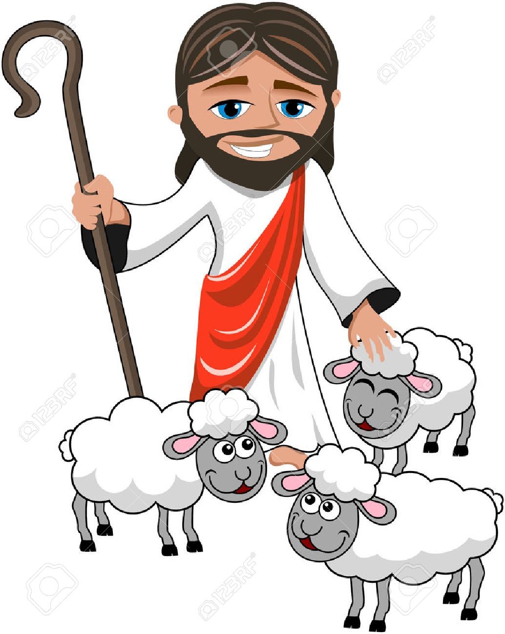 1034x1300 Cartoon Smiling Jesus Holding Stick Stroking Sheep - Jesus Cartoon Drawing