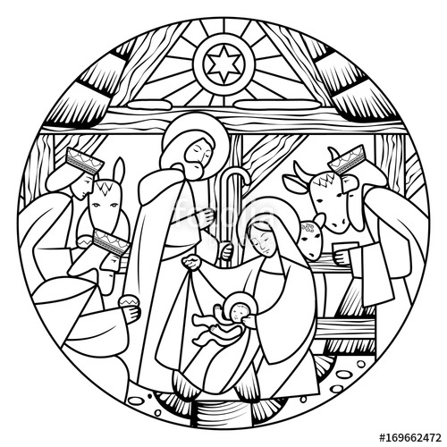500x500 Linear Drawing Of Birth Of Jesus Christ Scene In Circle Shape - Jesus Christ Drawing Images