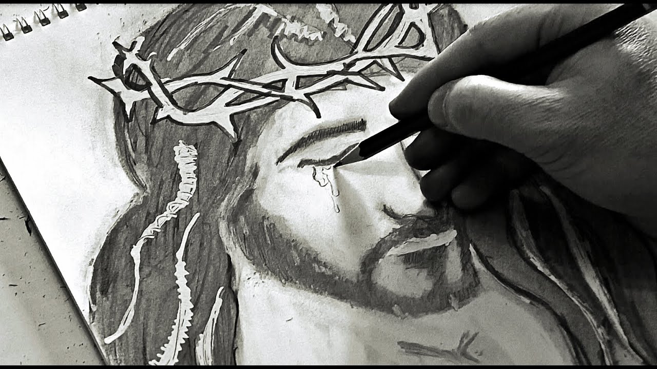 1280x720 Jesus Bloody Tears - Jesus Christ Pencil Drawing