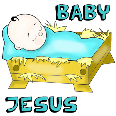 400x400 how to draw cartoon baby jesus in a manger cradle drawing - Jesus Drawing Cartoon