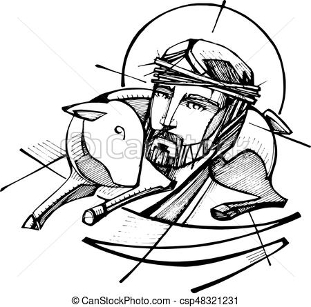450x445 Jesus Christ Good Shepherd Hand Drawn Vector Illustration - Jesus Line Drawing