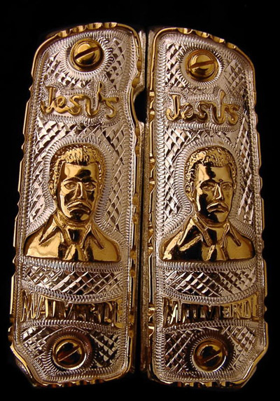 400x571 Jesus Malverde German Silver Gold Plated Pistol Grips - Jesus Malverde Drawing