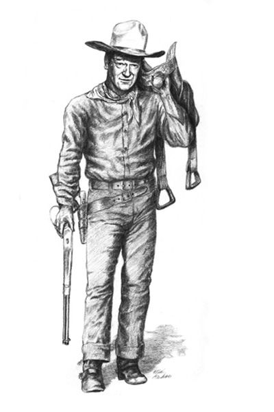 400x600 John Wayne Pencil Drawing, Full Length Figure Portrait Art - John Wayne Drawing