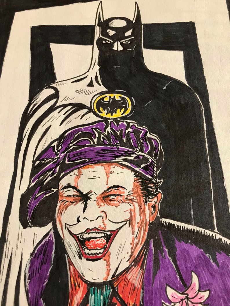 794x1059 Original Tim Burton Batman And The Joker Drawing Dc Etsy - Joker Drawing Pictures