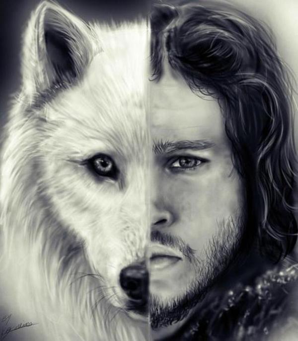 600x686 Drawing Of Ghost And Jon Snow - Jon Snow Drawing