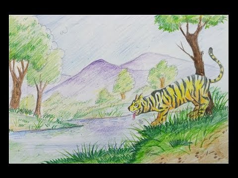480x360 How To Draw Tiger Drinking Water In Jungle - Jungle Drawing For Kids