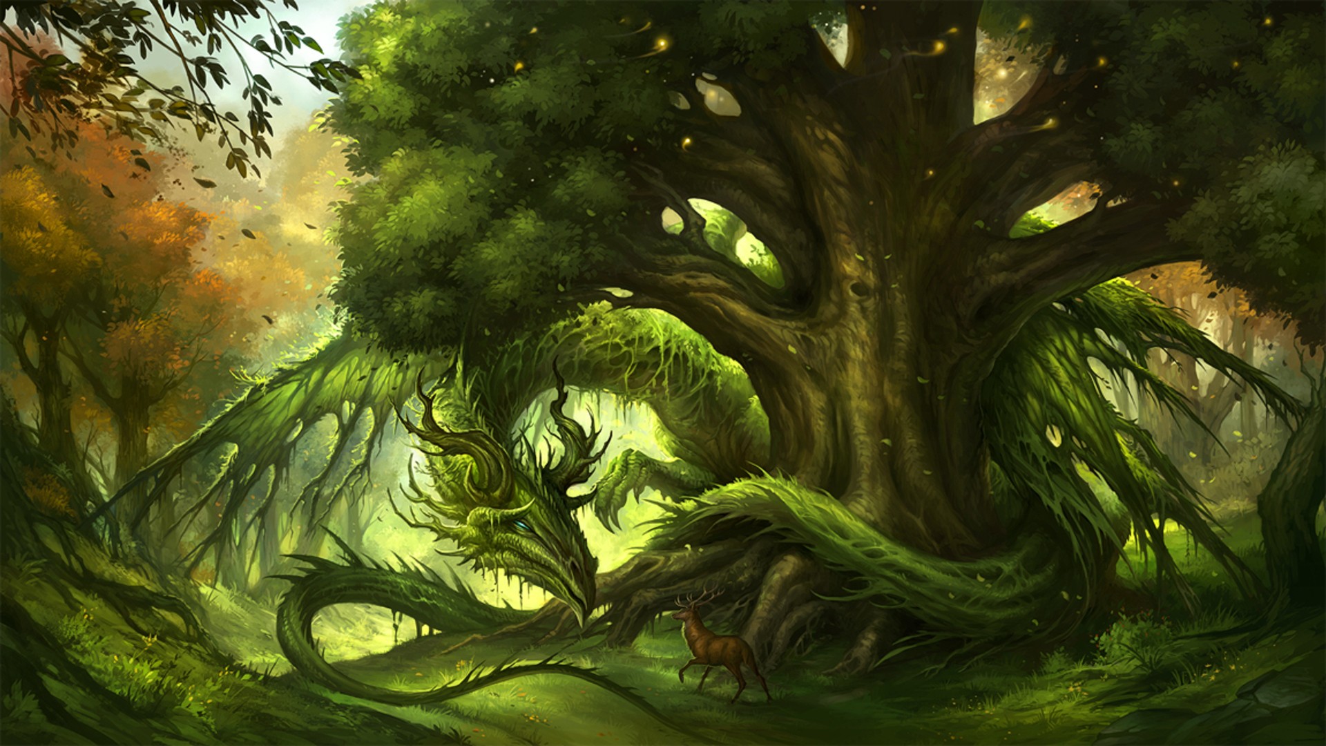 1920x1080 Wallpaper Sunlight, Trees, Drawing, Forest, Illustration, Deer - Jungle Plants Drawing