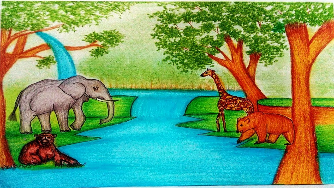 1280x720 How To Draw Forest Scenery With Animals - Jungle Scene Drawing
