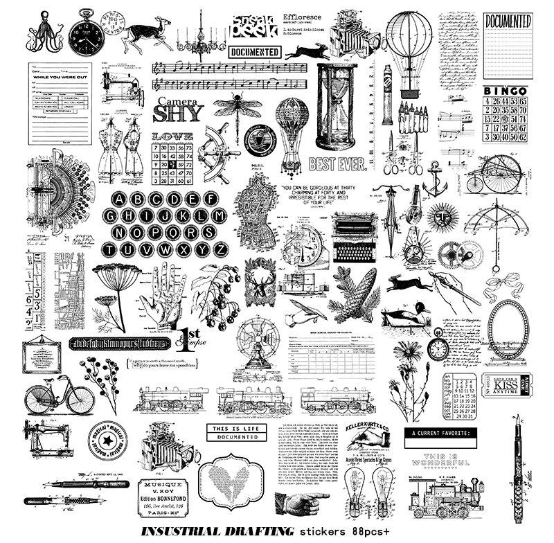 800x784 Industrial Drawing Translucent Stickers Pack, Vintage - Junk Drawing