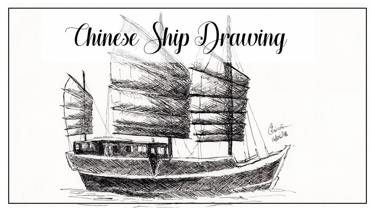 1280x720 Chinese Ship Ink Drawing - Junk Drawing