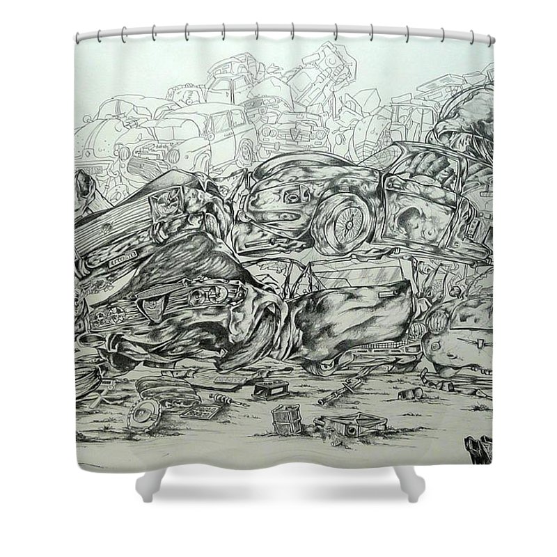 800x800 Junkyard Car Demolition Shower Curtain For Sale - Junkyard Drawing