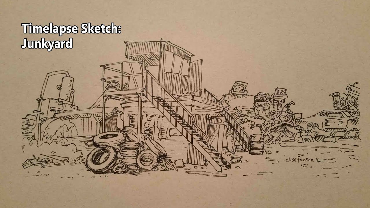 1280x720 Time Lapse Sketch Of The Junkyard From Superman - Junkyard Drawing