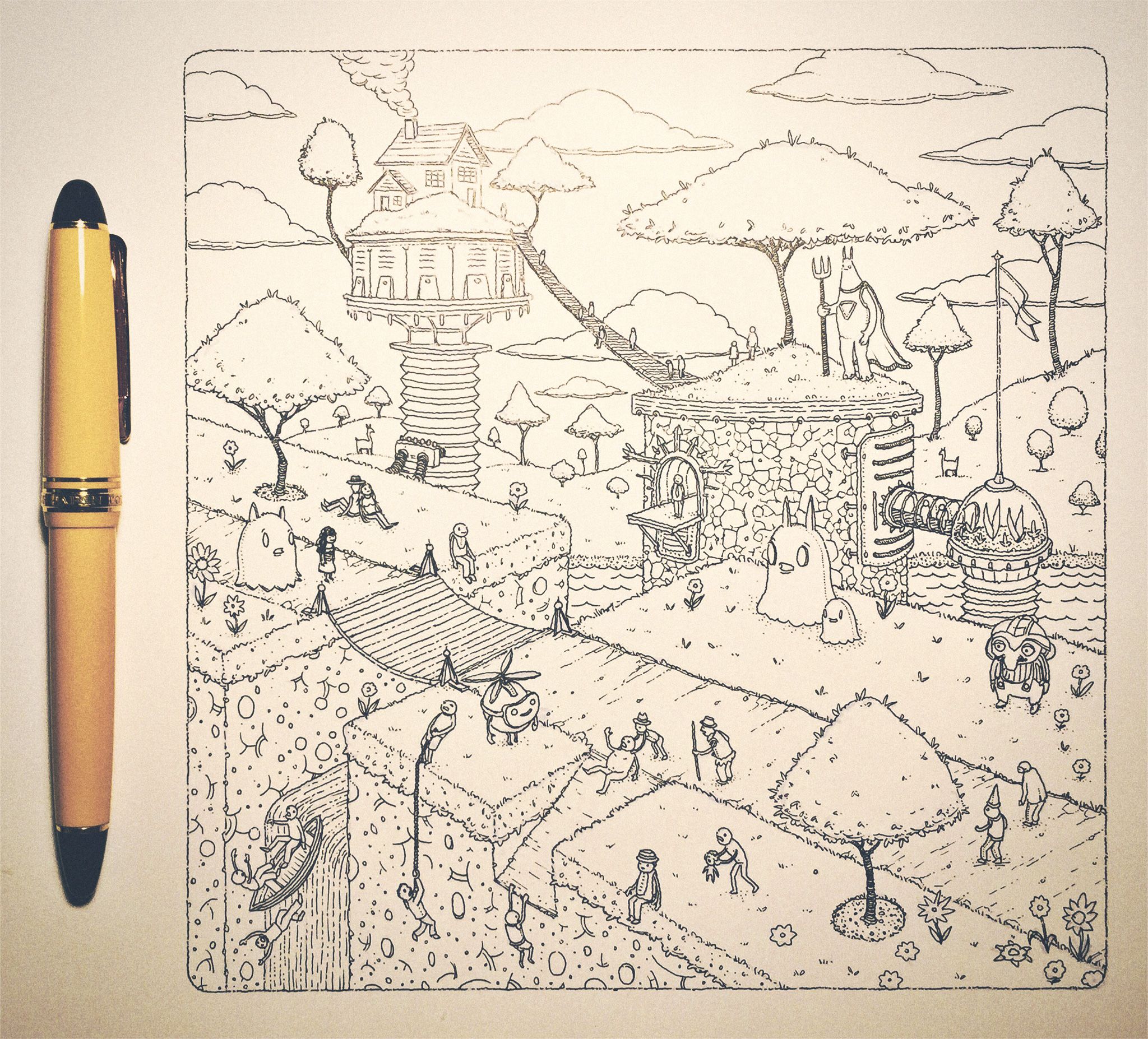 2048x1854 Fountain Pen Ink Drawing - Junkyard Drawing