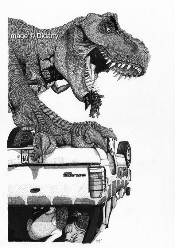 570x806 jurassic park pen and ink drawing print - Jurassic Park Drawing