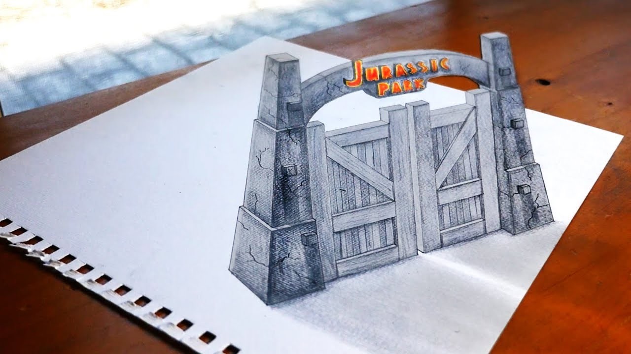 1280x720 trick art jurassic park gate drawing - Jurassic Park Drawing