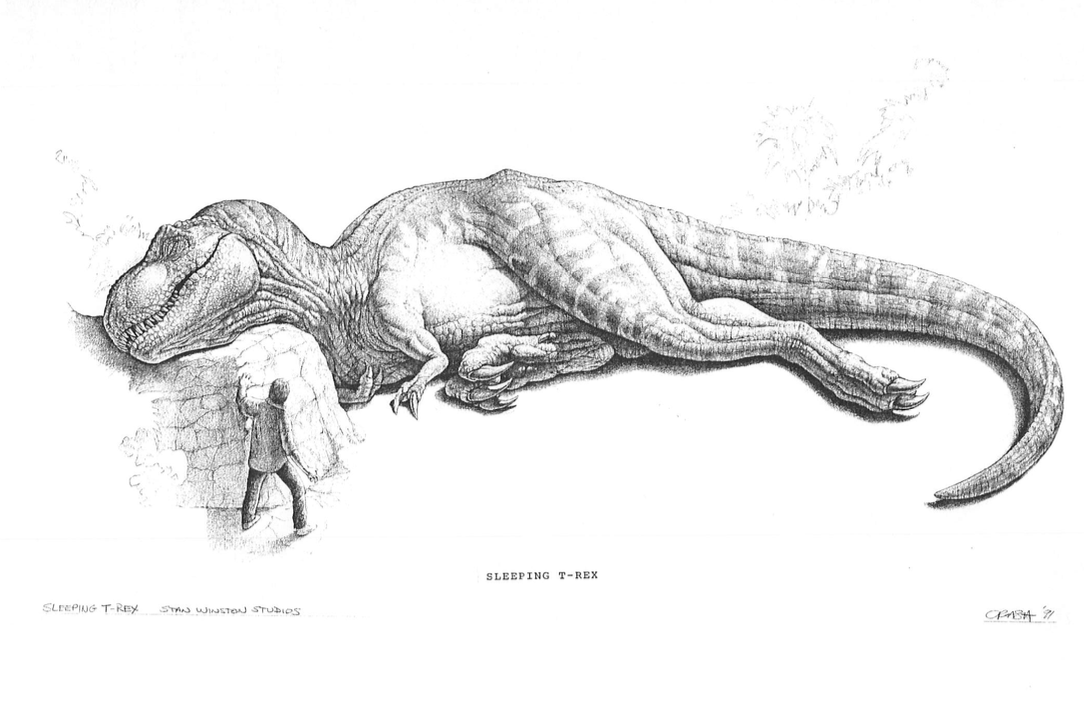 1084x703 Concept Art For The Cut Sleeping Rex Scene Jurassic Park - Jurassic Park T Rex Drawing