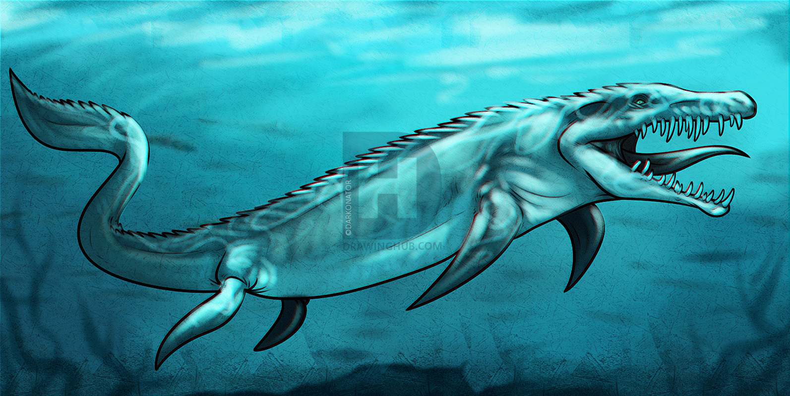 1593x798 How To Draw A Mosasaurus From Jurassic World, Step - Jurassic World Drawing