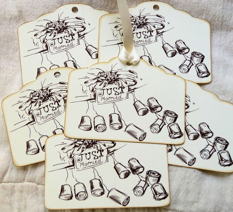 800x728 hang tags just married tin cans on car wedding favor or wish tags - Just Married Car Drawing