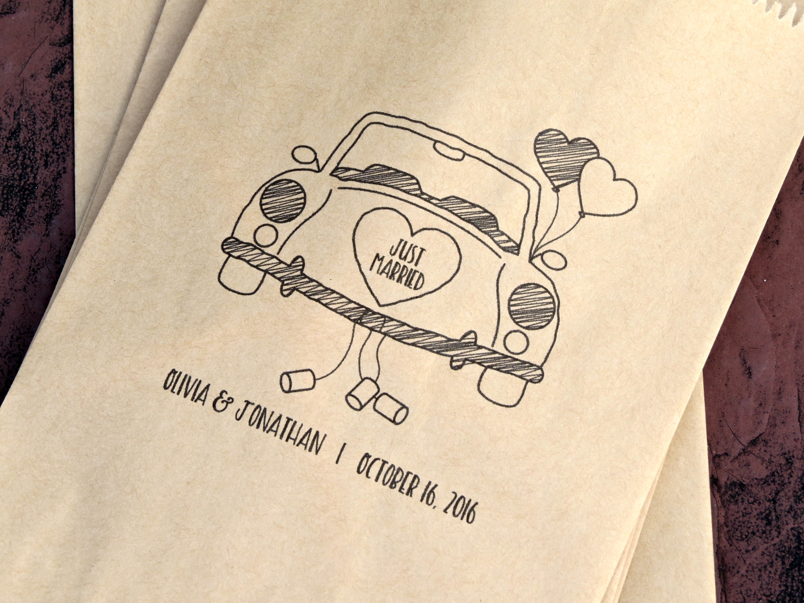 1564x1173 custom color just married car personalized kraft brown bags - Just Married Car Drawing