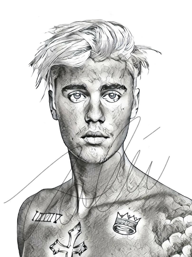 808x1080 Justin Bieber Drawing Sketch Print Wall Art Illustration Etsy - Justin Drawing