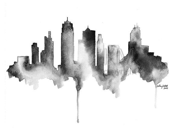 570x428 watercolor painting kansas city skyline print watercolour wall art - Kansas City Skyline Drawing