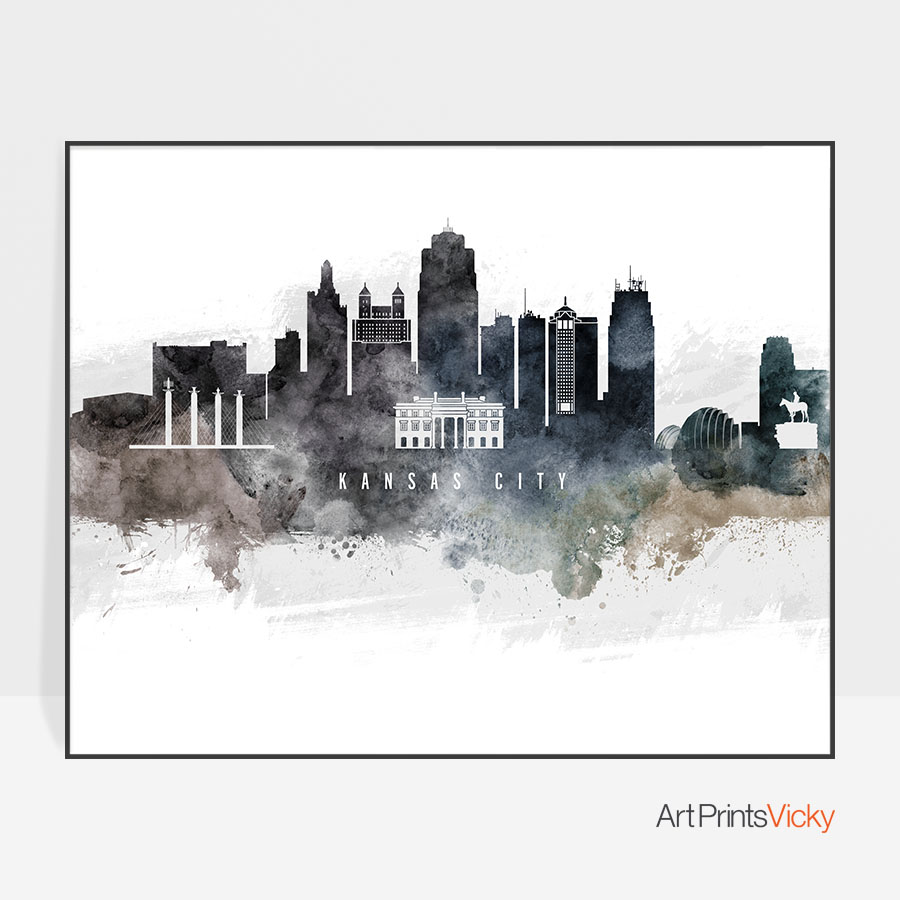 900x900 kansas city art poster watercolor art prints vicky - Kansas City Skyline Drawing