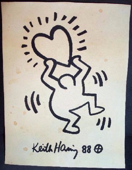 448x574 keith haring dancing man with heart drawing signed - Keith Haring Drawings