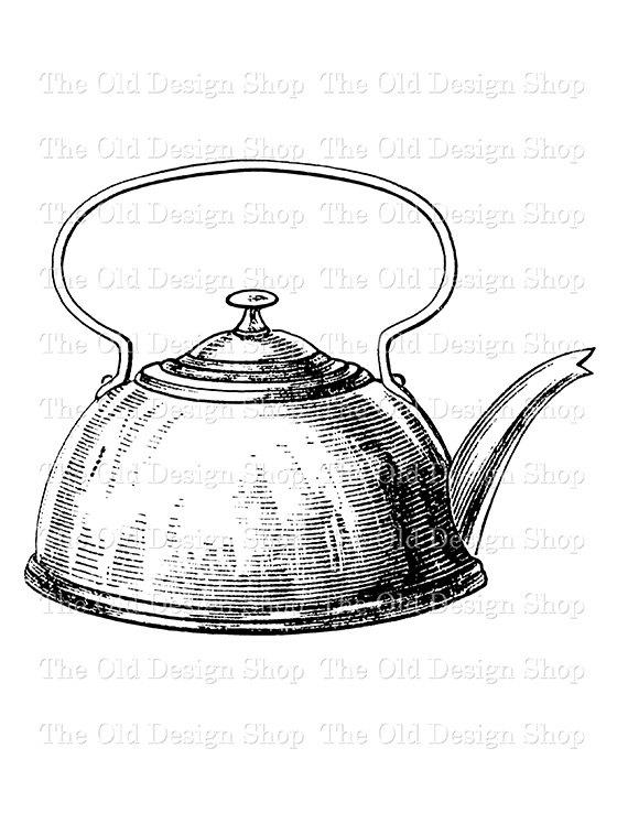 570x738 antique tea kettle clip art illustration digital stamp etsy - Kettle Drawing