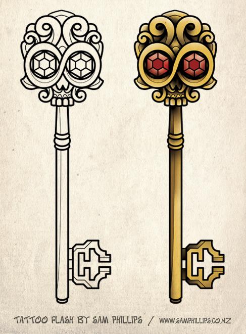 487x661 amazing skeleton key tattoo design sketch in two version - Key Tattoo Drawing