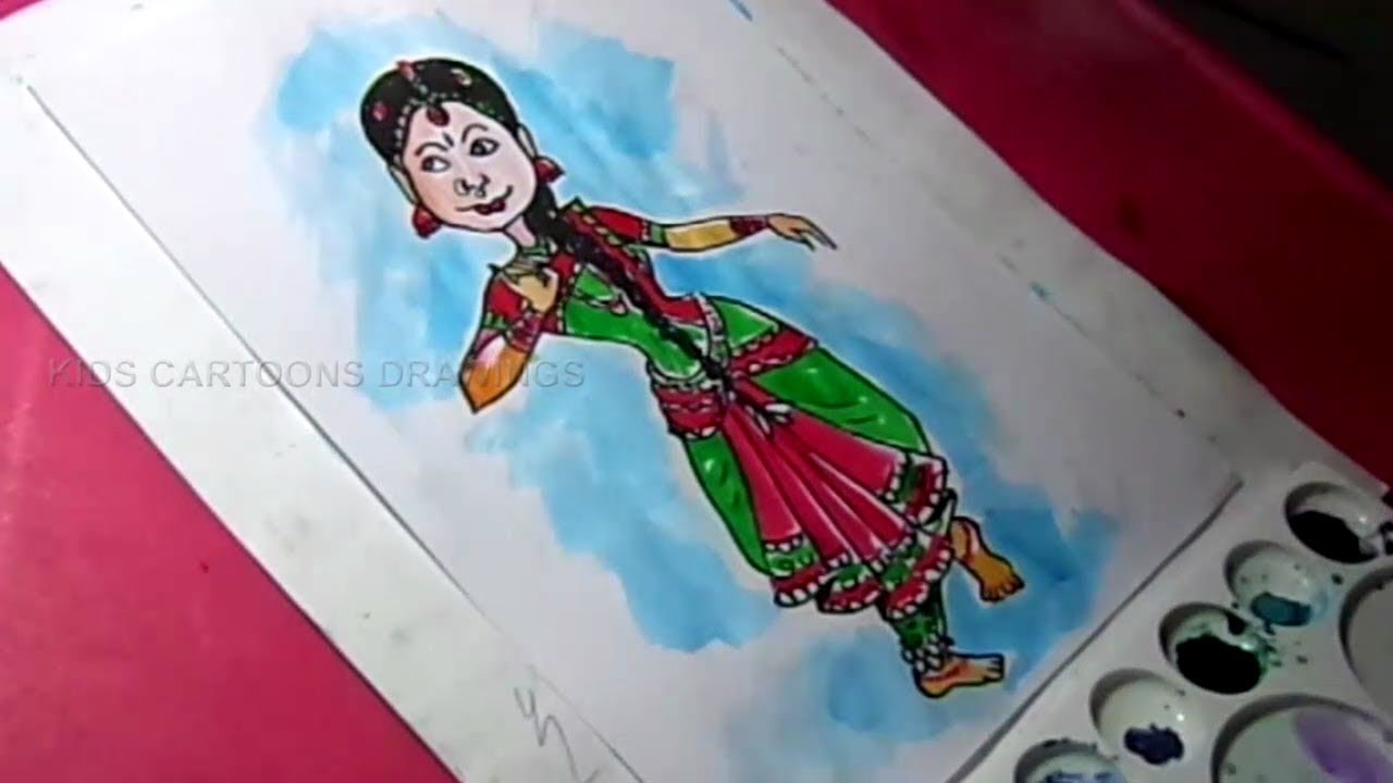 1280x720 How To Draw Girl Dancing Bharatanatyam Drawing For Kids - Kids Dancing Drawing