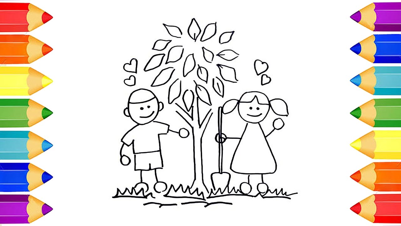 1280x720 How To Draw Kids Planting Trees In The Park Colourful Videos - Kids Drawing Of A Tree