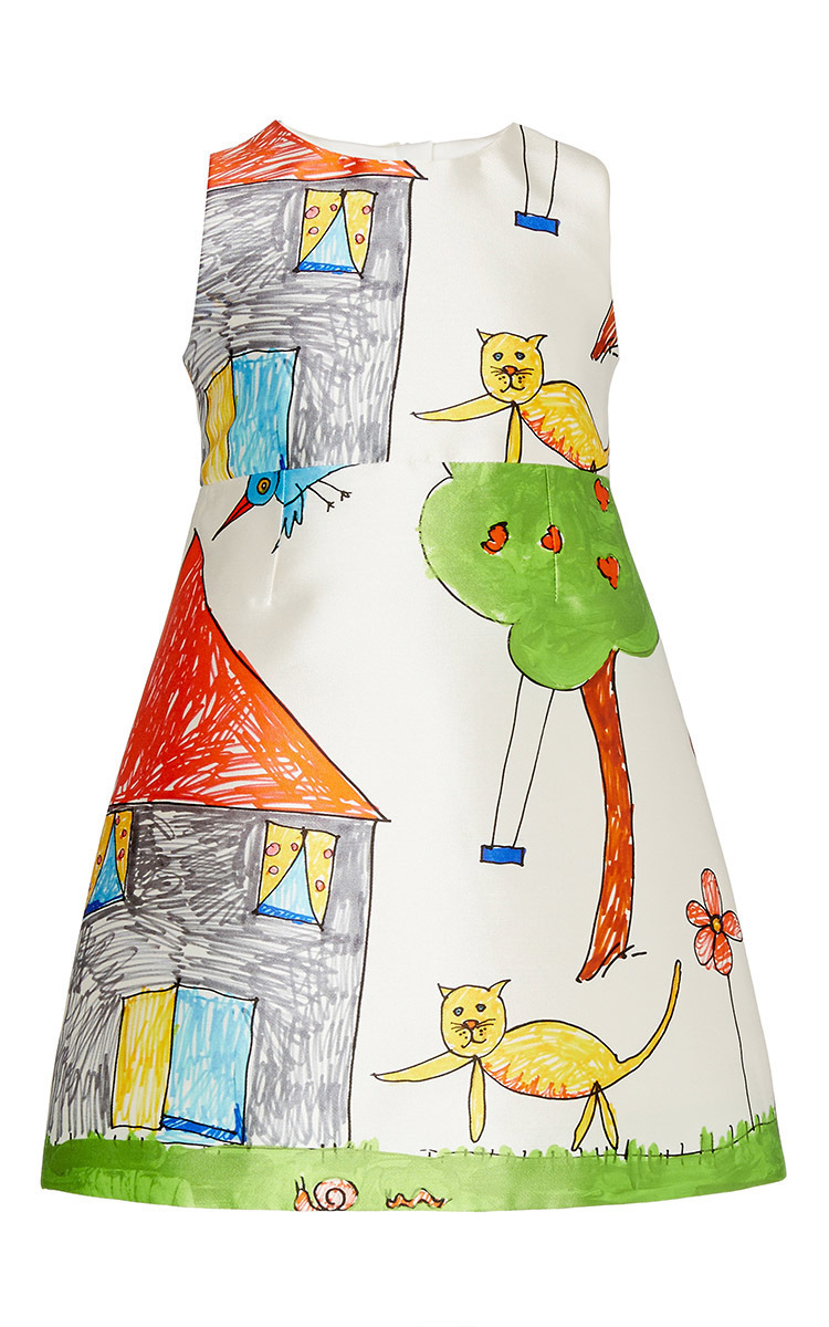 750x1200 Kid's Drawing Cat And House Print Dress - Kids Drawing Print